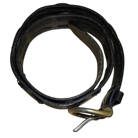 Vintage Tooled Leather Belt Floral Embossed Brass Buckle Medium - Picture 2 of 7